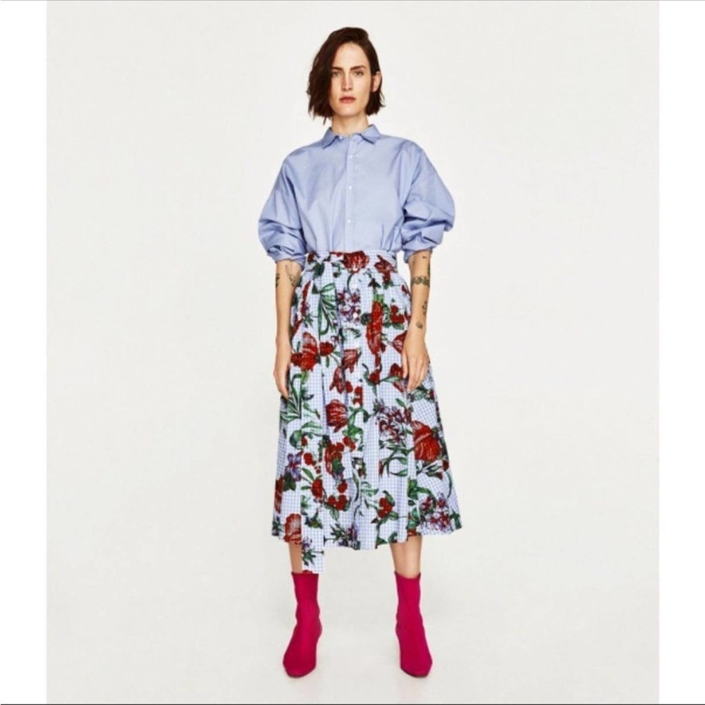 Zara Woman Blue and Red Floral Gingham Cotton Midi Skirt
